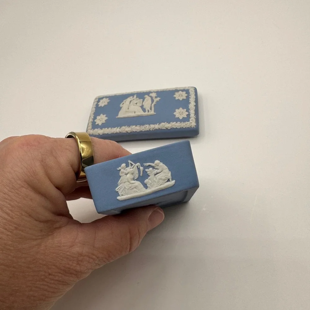 Wedgwood Blue Jasperware Rectangular Trinket Box Neoclassical Made in England